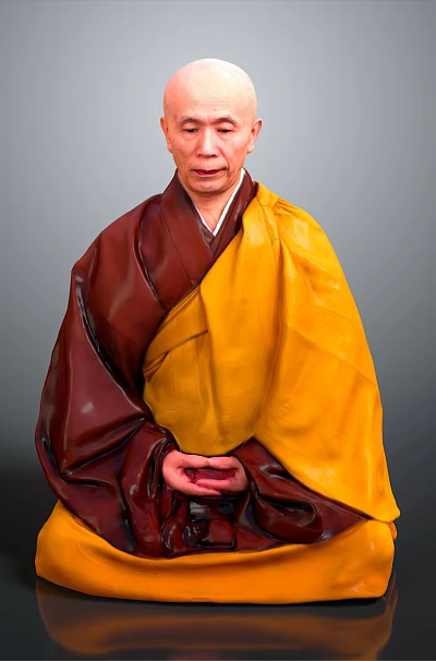 Man in red and yellow traditional robes meditating cross legged with hands clasped 3d model