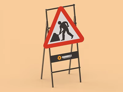 Construction Warning Sign Triangular Red Border With Worker Shoveling Figure On Metal Stand 3d model