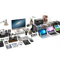 Complete Office Workspace With Desk Lamp Monitor Laptops Printer Books Binders And Stationery