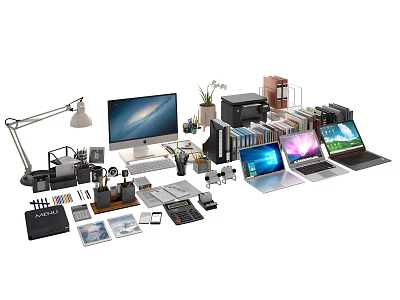 Complete Office Workspace With Desk Lamp Monitor Laptops Printer Books Binders And Stationery 3d model