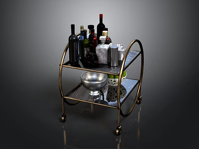 Brass Bar Cart With Wine Bottles Shakers And Glasses On Metal Shelves 3d model