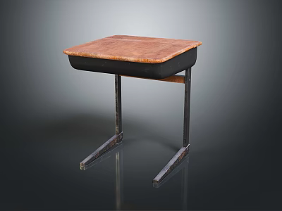 Vintage School Desk With Wooden Top Small Drawer And Black Metal Frame 3d model