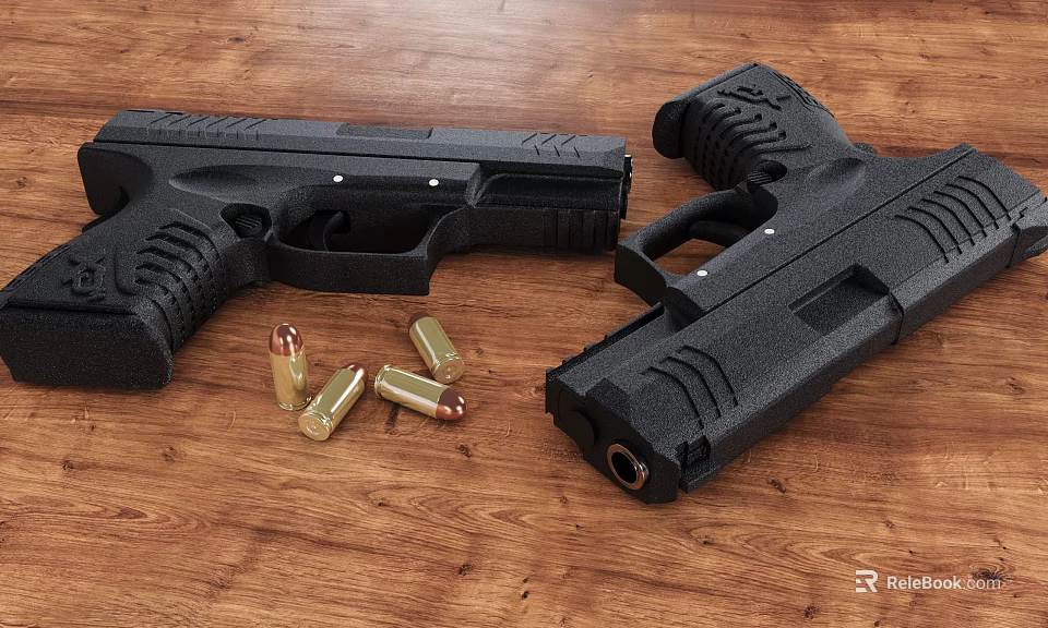 Two Black Pistols With Bullets Placed On Wooden Table Surface 3d model