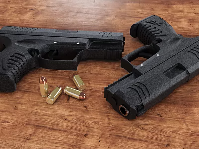 Two Black Pistols With Bullets Placed On Wooden Table Surface 3d model