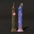 Industrial Gas Cylinders With Green And Blue Rusty Exteriors And Connecting Valves