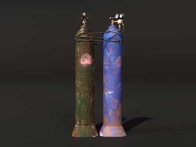 Industrial Gas Cylinders With Green And Blue Rusty Exteriors And Connecting Valves 3d model