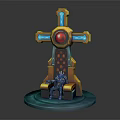 Decorative Throne With Seated Character Golden Frame Blue Accents Red Gem And Blue Base