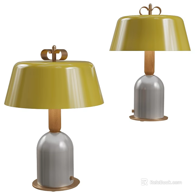 Modern Table Lamp With Yellow Lampshade Wooden Pole And Gray Base 3d model 