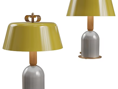 Modern Table Lamp With Yellow Lampshade Wooden Pole And Gray Base 3d model