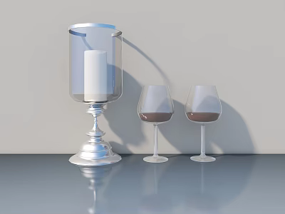 Elegant Swing Door Interior With Silver Candlestick And Wine Glasses On Gray Tabletop 3d model