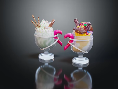 Two Glass Cups of Ice Cream with Whipped Cream Chocolate Sticks and Colorful Toppings 3d model
