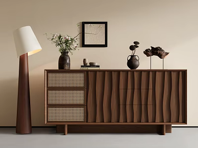 Modern Wooden Entryway Cabinet Sideboard With Rattan Drawers Decorative Vases And Floor Lamp 3d model