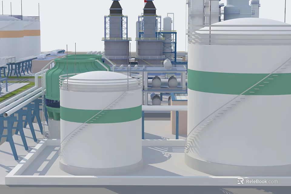 Industrial Equipment Featuring Large Storage Tanks Chimneys Pipes Platforms And Stairs 3d model 