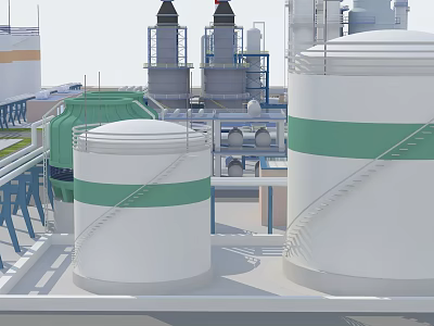 Industrial Equipment Featuring Large Storage Tanks Chimneys Pipes Platforms And Stairs 3d model