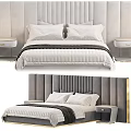 Luxury Double Bed With Velvet Headboard Striped Bedspread Pillows And Nightstand