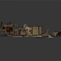 Modern Rustic Scene With Traditional Farm Tools Hay Storage Racks And Clay Pots