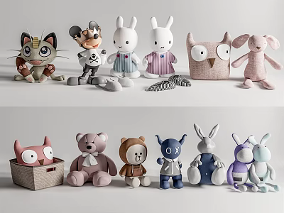 Various Plush Toys Including Cat Mouse Rabbit Owl Teddy Bear and Robot Designs 3d model