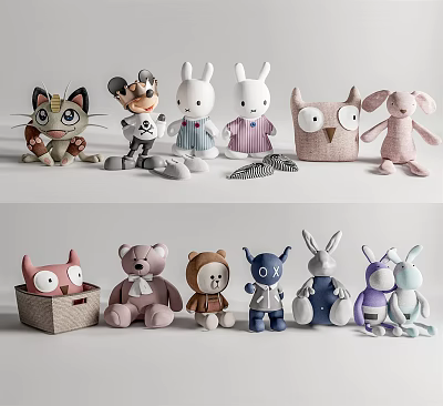 Various Plush Toys Including Cat Mouse Rabbit Owl Teddy Bear and Robot Designs 3d model