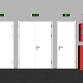 White Fire Doors With Green Emergency Exit Signs And Red Fire Equipment