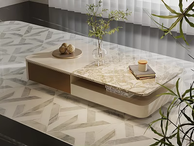 Modern Coffee Table With Marble Top Green Plant Vase Decorative Balls Books In Living Room 3d model