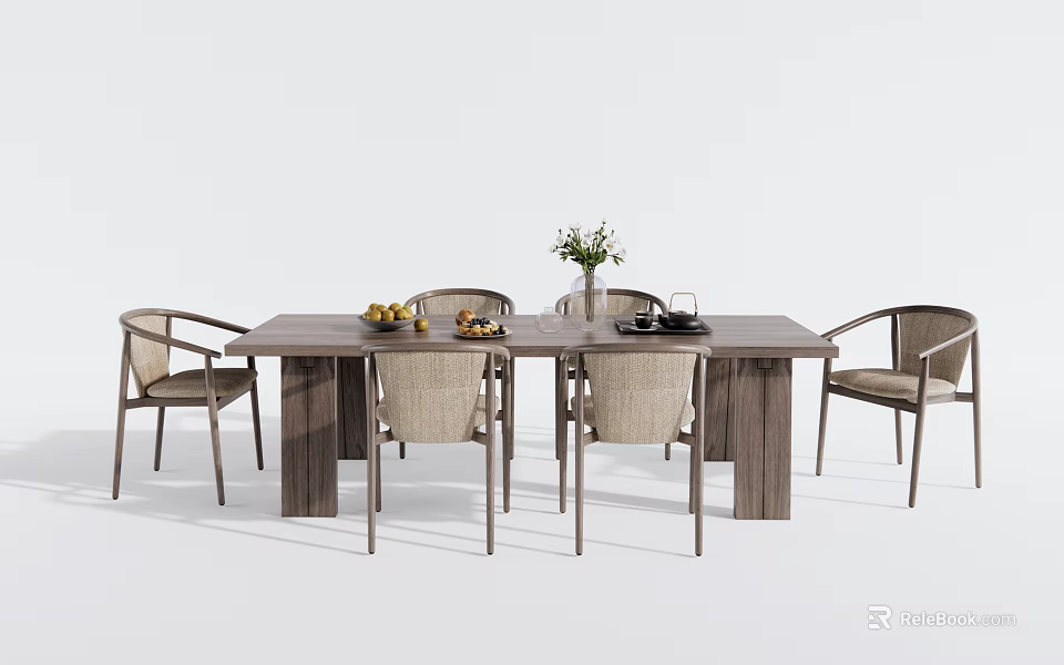 Natural Wooden Dining Table Set With Comfortable Chairs And Table Decor 3d model