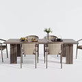 Natural Wooden Dining Table Set With Comfortable Chairs And Table Decor 3d model