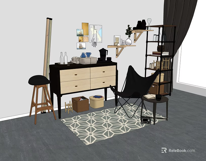 Stylish Console And Side Cabinet Design With Stool Mirror Decorations And Patterned Rug 3d model 