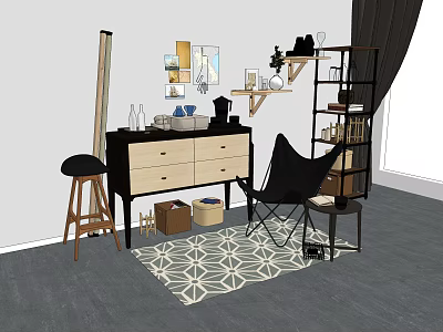 Stylish Console And Side Cabinet Design With Stool Mirror Decorations And Patterned Rug 3d model