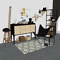 Stylish Console And Side Cabinet Design With Stool Mirror Decorations And Patterned Rug