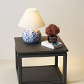 Blue White Leaf Pattern Table Lamp with White Shade on Black Side Table Purple Vase 3d model