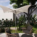 Garden Decorations For Outdoor Patio With Wooden Chairs Trees Water Feature And Stone Flooring