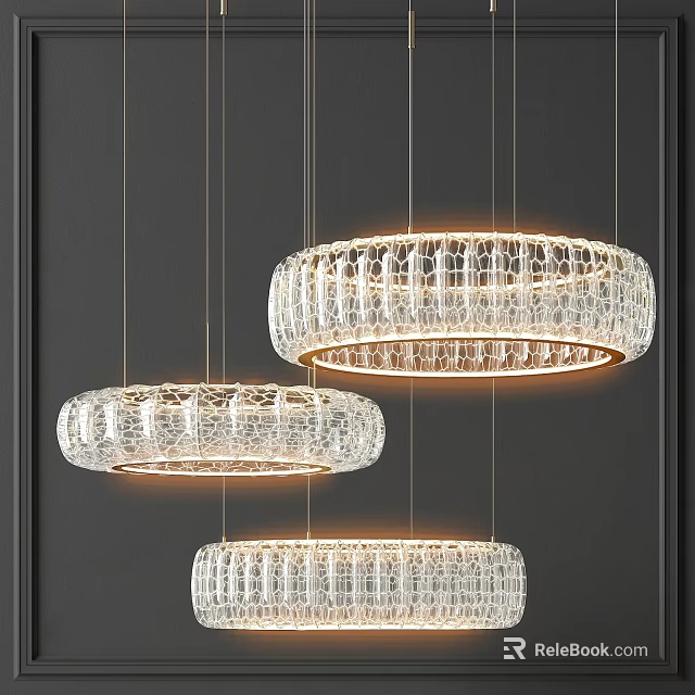 Three Crystal Circular Chandeliers with Transparent Design Hanging in Dark Background Lighting 3d model 