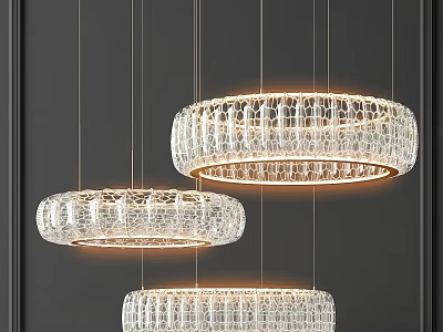 Three Crystal Circular Chandeliers with Transparent Design Hanging in Dark Background Lighting 3d model