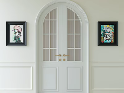 White Double Doors With Arched Top Glass Panes Golden Handles And Paintings On Light Walls 3d model