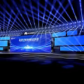 Modern Ballroom With Blue Lighting Stage And Large Display Screens