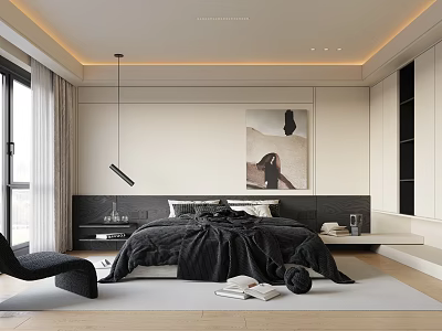 Modern Bedroom With Black Bed Bedside Painting Floor To Ceiling Window And Hanging Lamp 3d model
