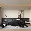 Modern Bedroom With Black Bed Bedside Painting Floor To Ceiling Window And Hanging Lamp