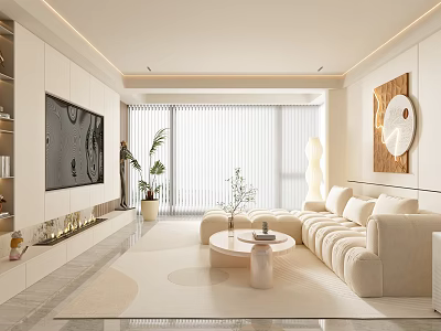 Modern Elegant Living Room With Beige Sofa Round Coffee Table Large Windows And Green Plants 3d model