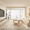 Modern Elegant Living Room With Beige Sofa Round Coffee Table Large Windows And Green Plants
