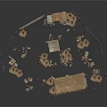 Ancient Camp Scene With Circular Wooden Fence Thatched Tents And Stone Tools