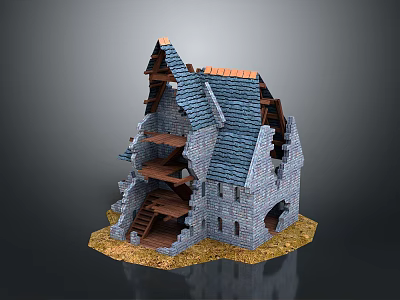 Ruined Medieval Stone House Model With Blue Roof Tiles And Wooden Staircase 3d model