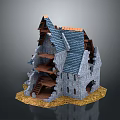 Ruined Medieval Stone House Model With Blue Roof Tiles And Wooden Staircase