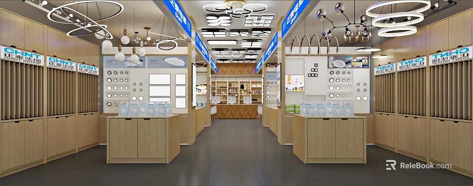 Modern Lighting Store Interior With Display Counters Chandeliers And Various Samples 3d model