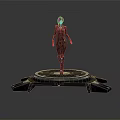 Game Movie Character With Purple Hair Black Bodysuit And Blue Glowing Details On Circular Platform