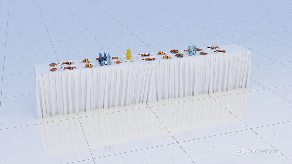 White Display Shelf With White Tablecloth Arranged Decorative Items And Small Figurines 3d model