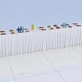 White Display Shelf With White Tablecloth Arranged Decorative Items And Small Figurines 3d model