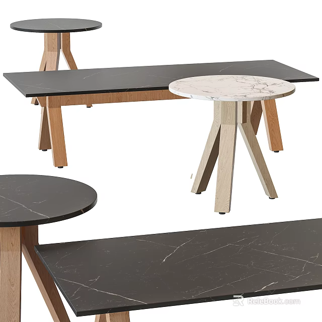 Modern Coffee Table Featuring Black Surface Marble Top And Wooden Legs 3d model