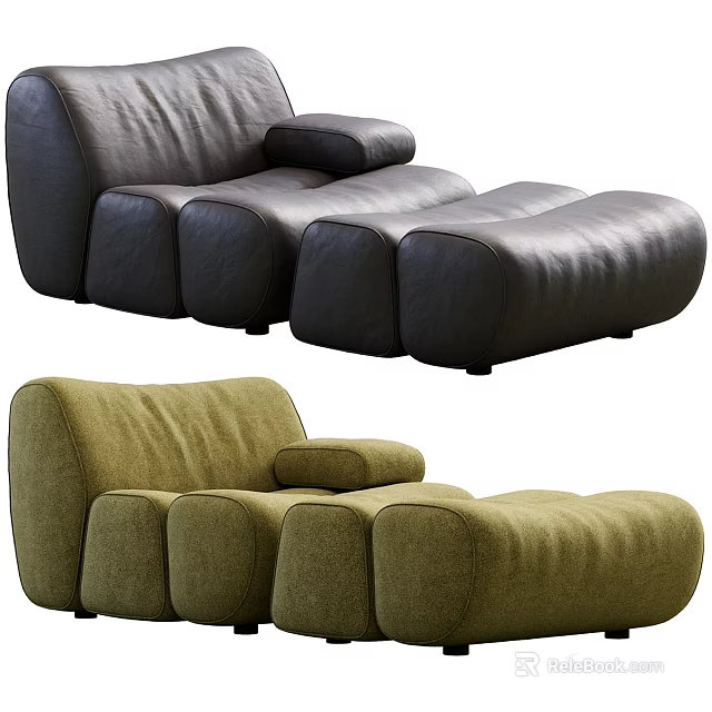 Modern Comfortable Chaise Lounge with Leather and Fabric Upholstery Rounded Design and Ottoman 3d model 