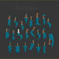 Various Designs of Blue and Orange Daggers on Gray Background with Reflections