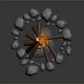 Burning Tree Logs in Stone Circle with Flames and Dark Background 3d model
